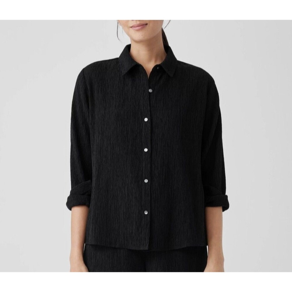 Eileen Fisher Woven Plissé Classic Collar Shirt Women’s Size Large Long Sleeve.